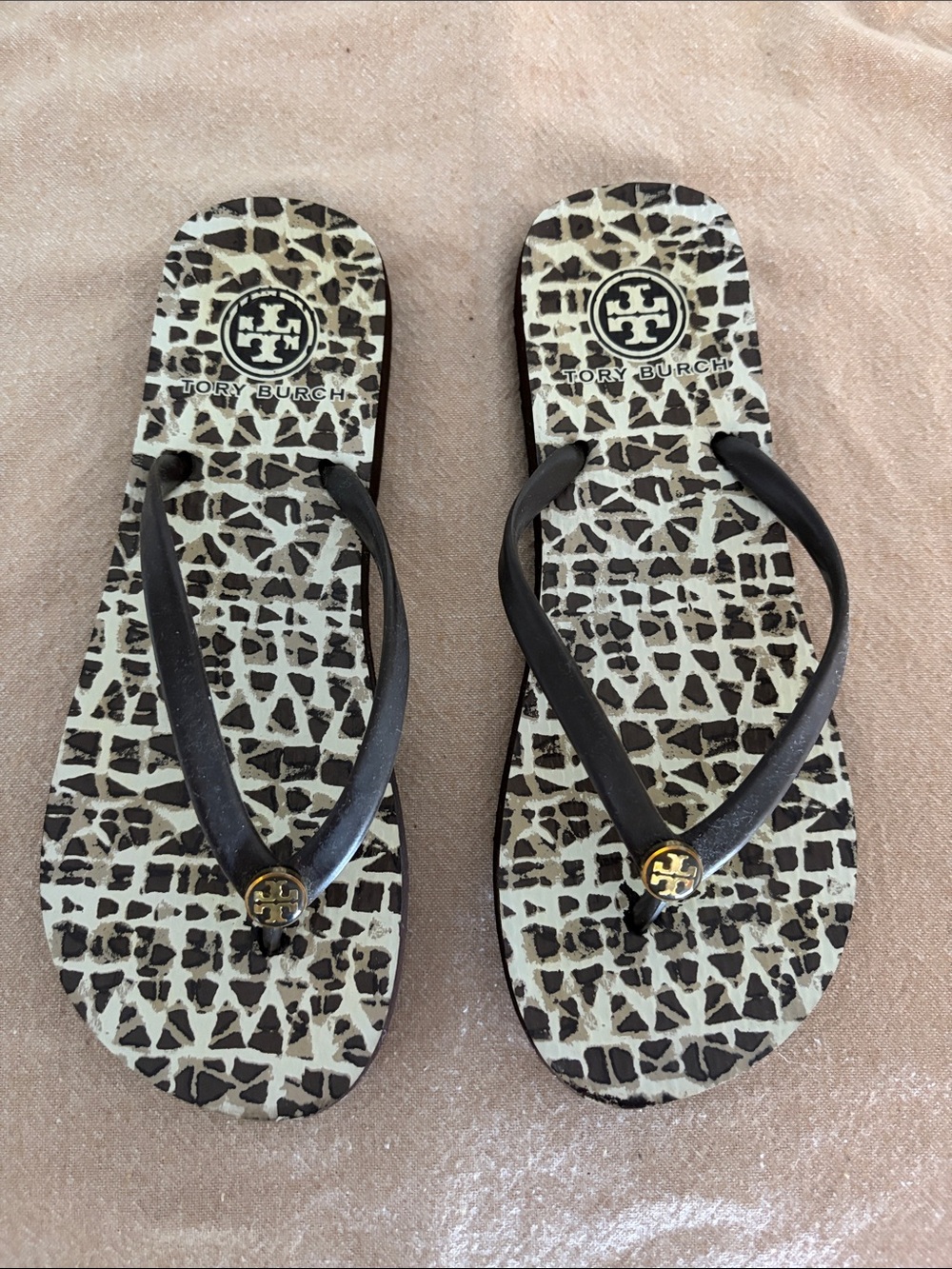 Tory Burch Brown thin Strap Leopard-Pattern Flip Flops with Gold Logo